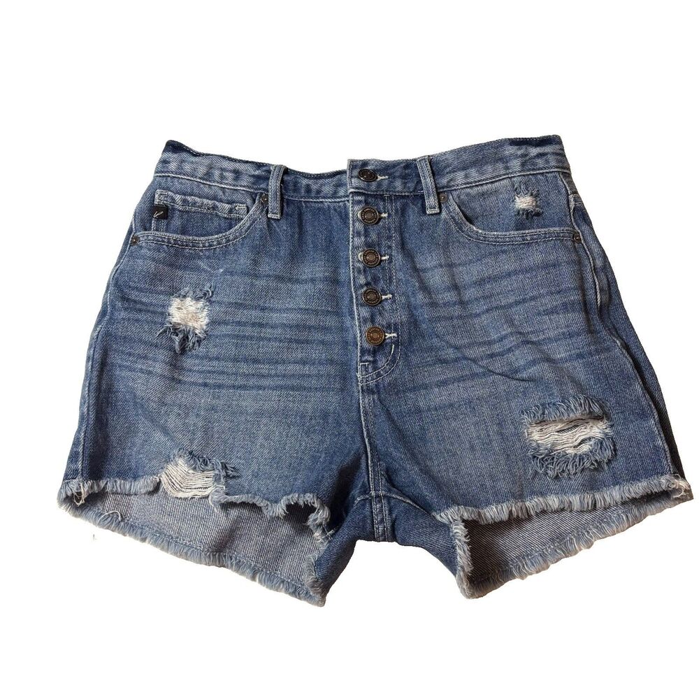 Kancan Button Fly Denim Distressed Raw Hem High Rise Jean Shorts Size Large